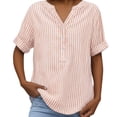 thumbnail image 6 of Otvok Plus Size Women's Cotton Linen Shirts Casual Comfortable Striped Print Short Sleeve V-Neck Summer Blouse, 6 of 7