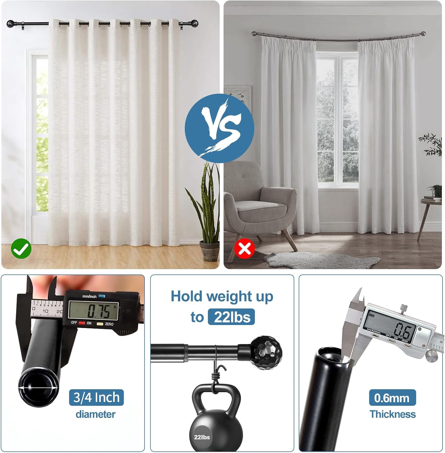 Urbanest Adjustable Single Curtain Rod Set Hammered Ball Finials – 3/4-Inch Diameter, With Black Rod, 28–48 Inches