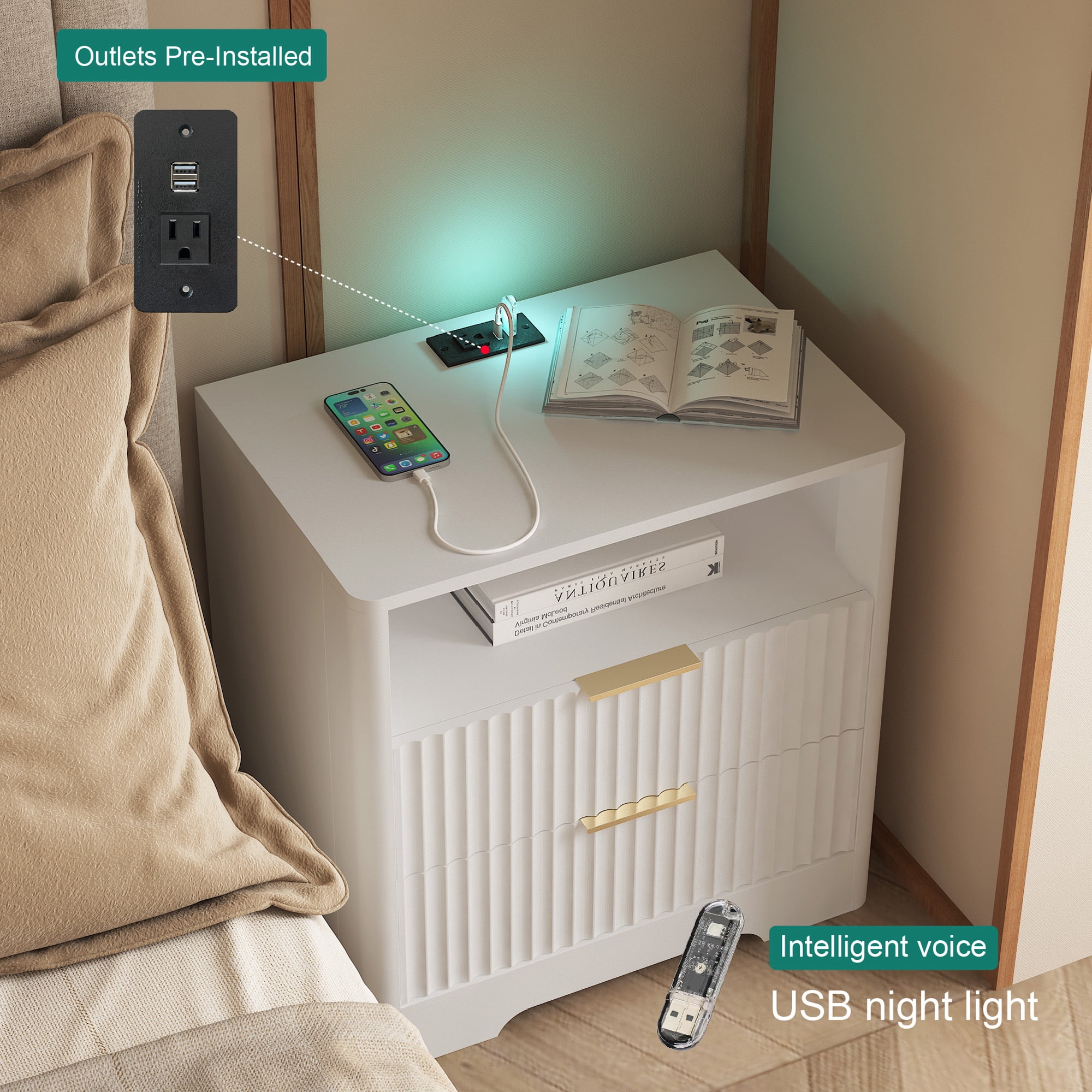 Aukfa Smart 2 Drawer Nightstand with Voice Control & Charging Station,7-Color LED Bedside Table for Bedroom,White