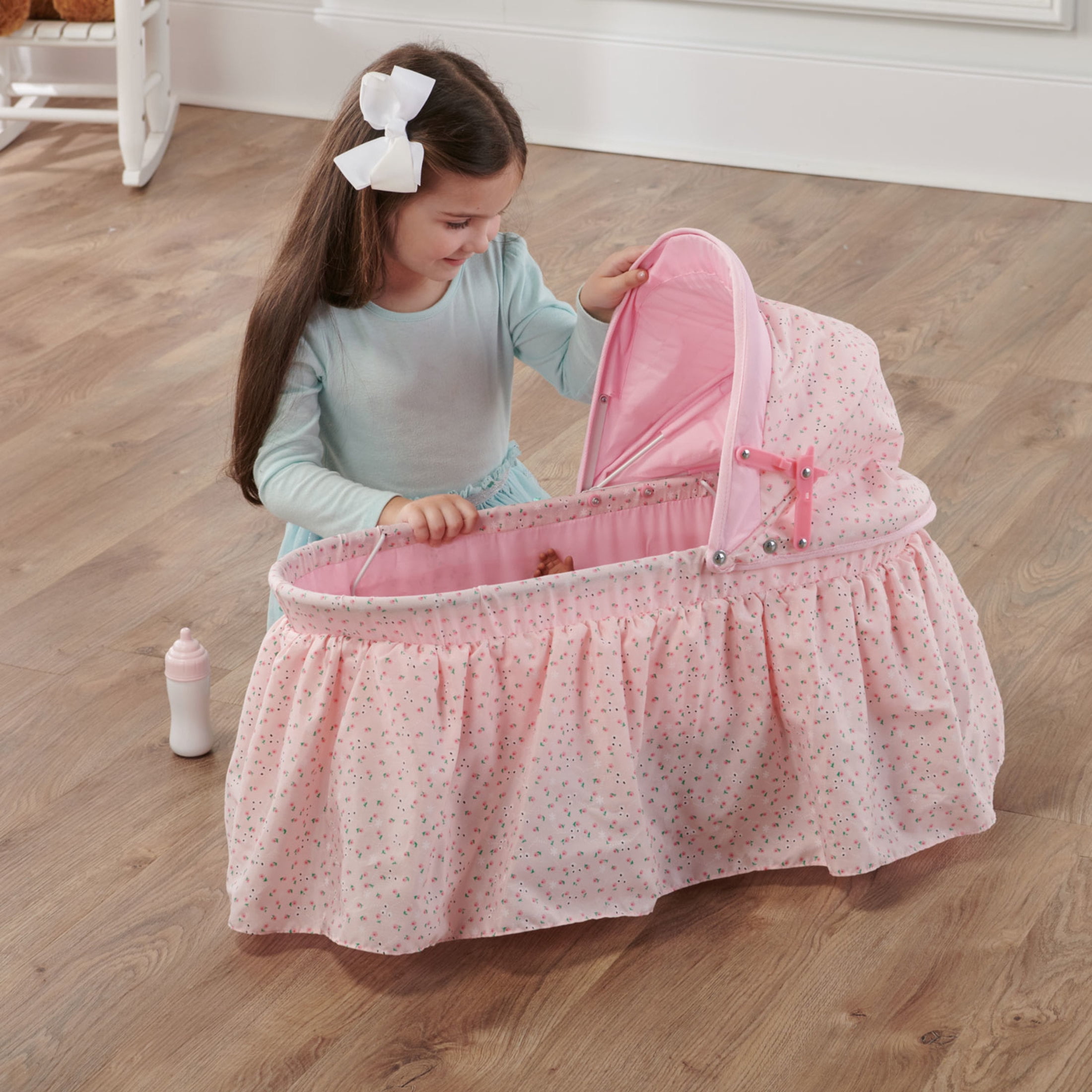 Badger Basket Foldable Doll Rocking Cradle with Hood for Dolls up to 22 inches- Pink/Rosebud