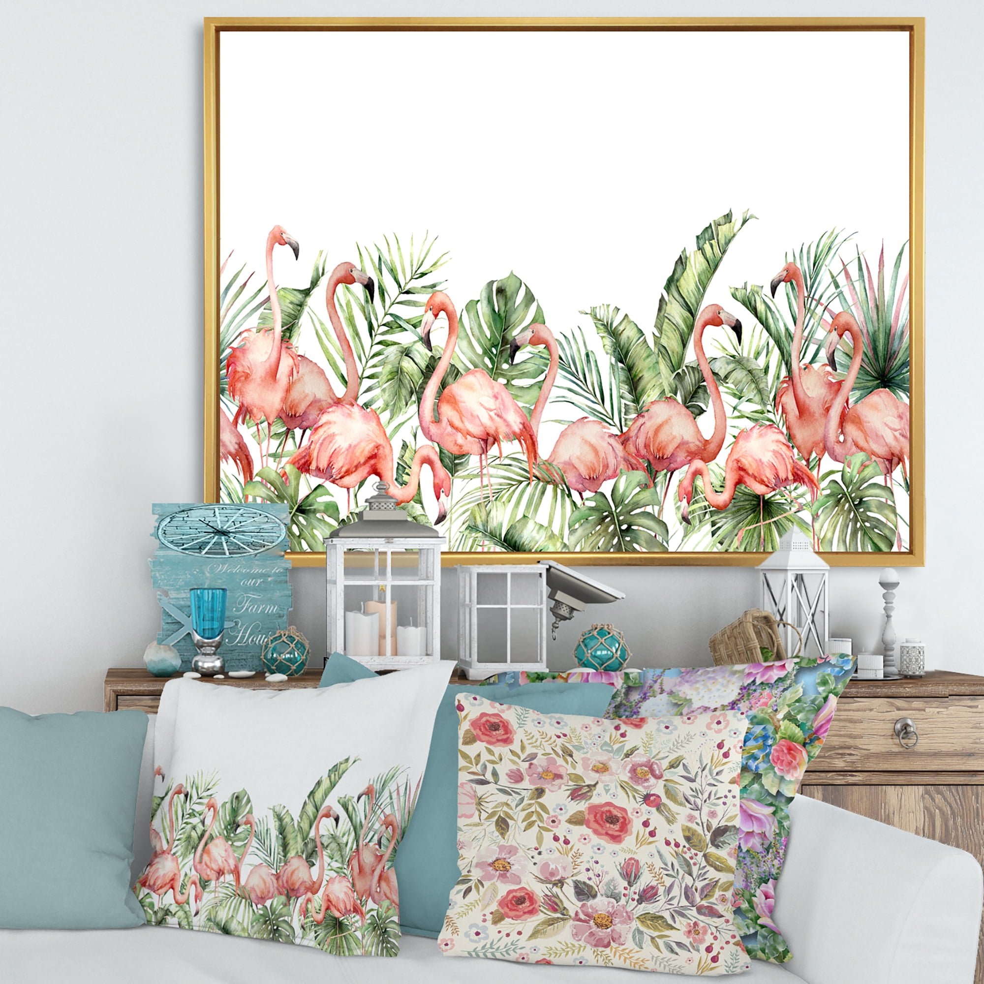 Designart 'Palm Leaves and Pink Flamingos Tropical Birds' Traditional Framed Canvas Wall Art Print