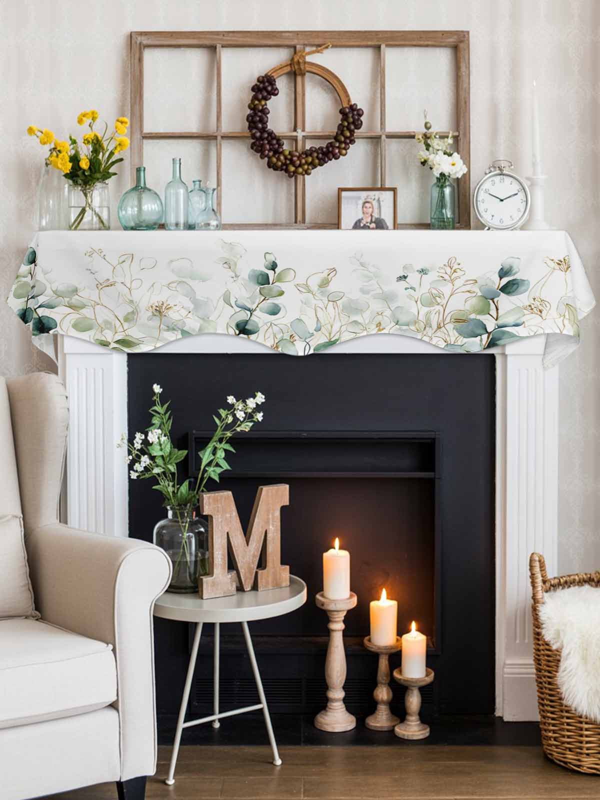 Eucalyptus Leaves Fireplace Mantle Scarf, Watercolor Sage Green Gold Branches Mantel Cover Table Runner for Home Living Room Door Window, Indoor Outdoor Holiday Party Decor 17" x 90"