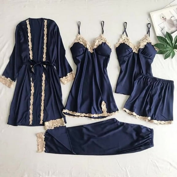 5 Piece Pajama Set Women's Plus Size Home Mini Nightgown & Cami Tops & Shorts & Long Pants with Robes Satin Sleepwear Outfits Woman Pajama Set Navy S