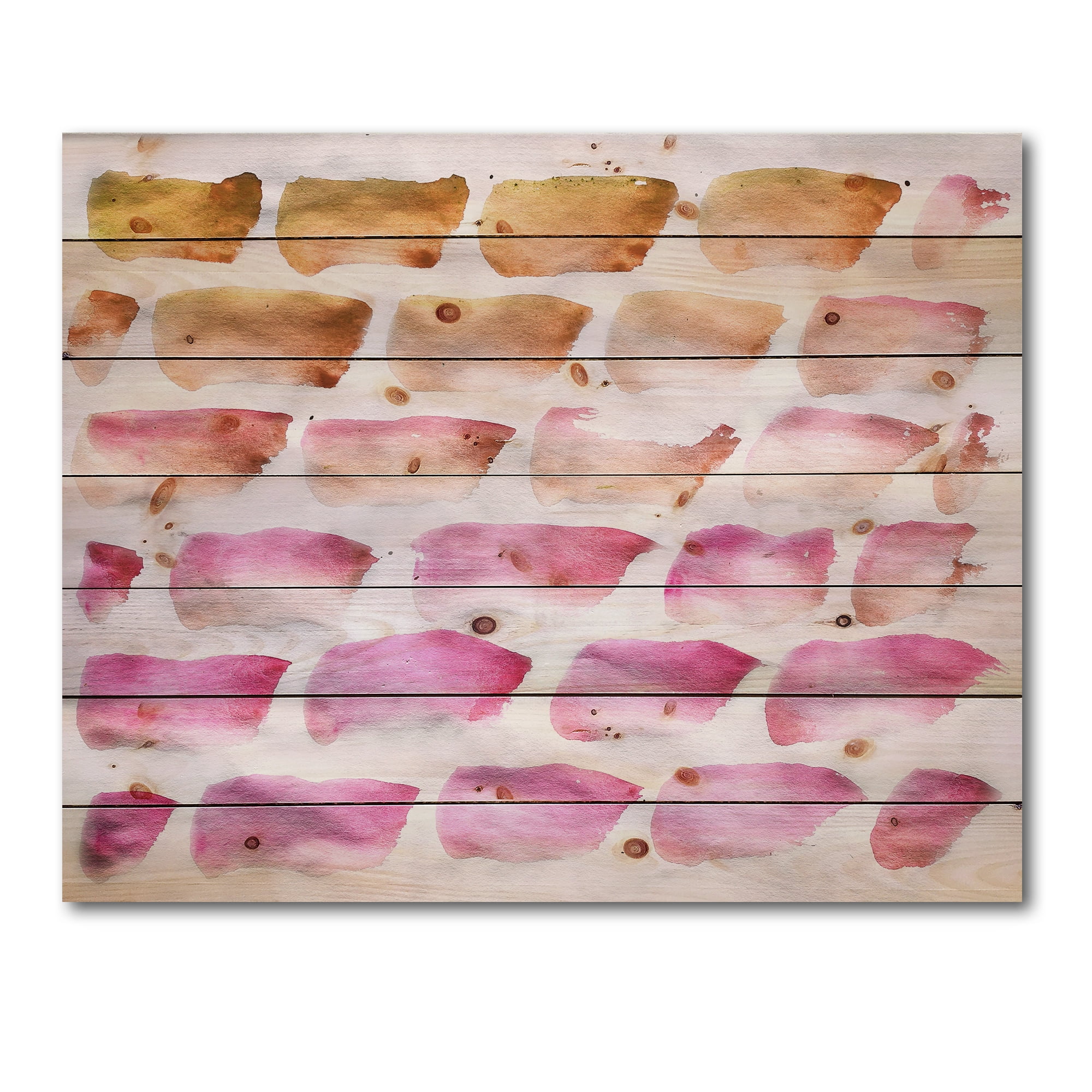 Designart 'Dark Yellow and Pink Abstracts Brushes' Modern Print on Natural Pine Wood