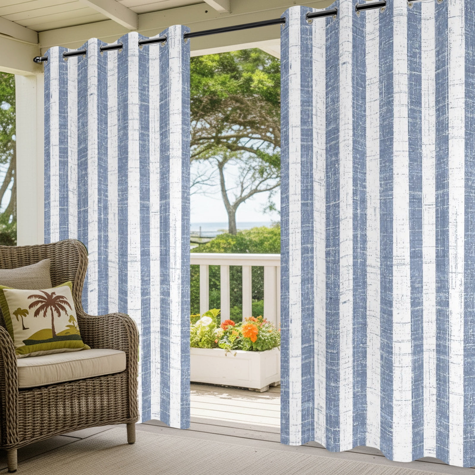 Blue Stripes Outdoor Curtains for Patio, Modern Abstract Linens Farmhouse Sunshade Privacy Drapes Grommet Waterproof Outside Curtains for Porch/Cabana/Balcony 54"x 108", 1 Panel