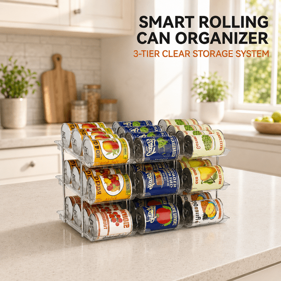 VBNDMAW 3-Tier Can Organizer for Pantry, 3-Column Stackable Canned Food Storage Rack, Automatic Rolling Can Dispenser, Clear Acrylic, Holds 36 Cans