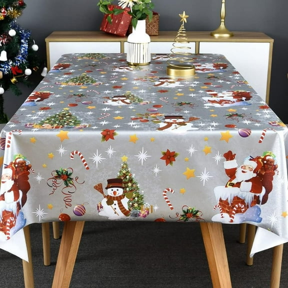 Plastic Christmas Tablecloth Square Silver Vinyl Christmas Table Cloth Xmas Table Cover with Snowman for Party (52'''' x 52'''', Snowman)