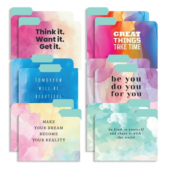 New Generation 12 Count Decorative Water Color Design Letter Size 1/3 Cut Tab File Folders, Laminated, Multicolor