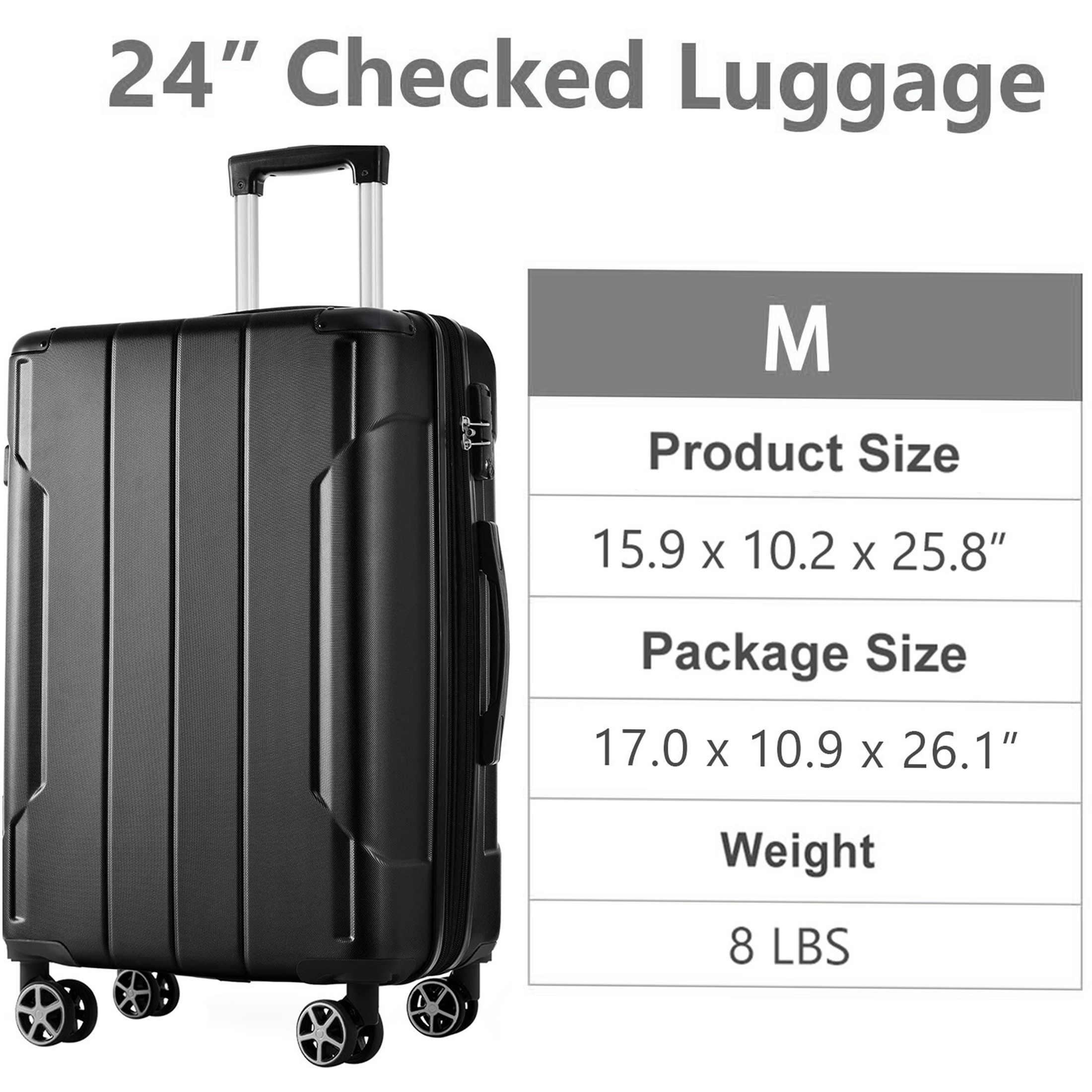 JERFIT 24" Expandable Hardshell Suitcase, Lightweight ABS Checked Luggage with TSA Lock & 8 Spinner Wheels for Travel, Black