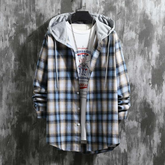 Maoxin Men Jacket Versatile Hoodie Basic Men's Classic Scottish Plaid Hooded Shirt Long Sleeve Hooded Casual Outwear Jackets Jackets for Men , Blue , L