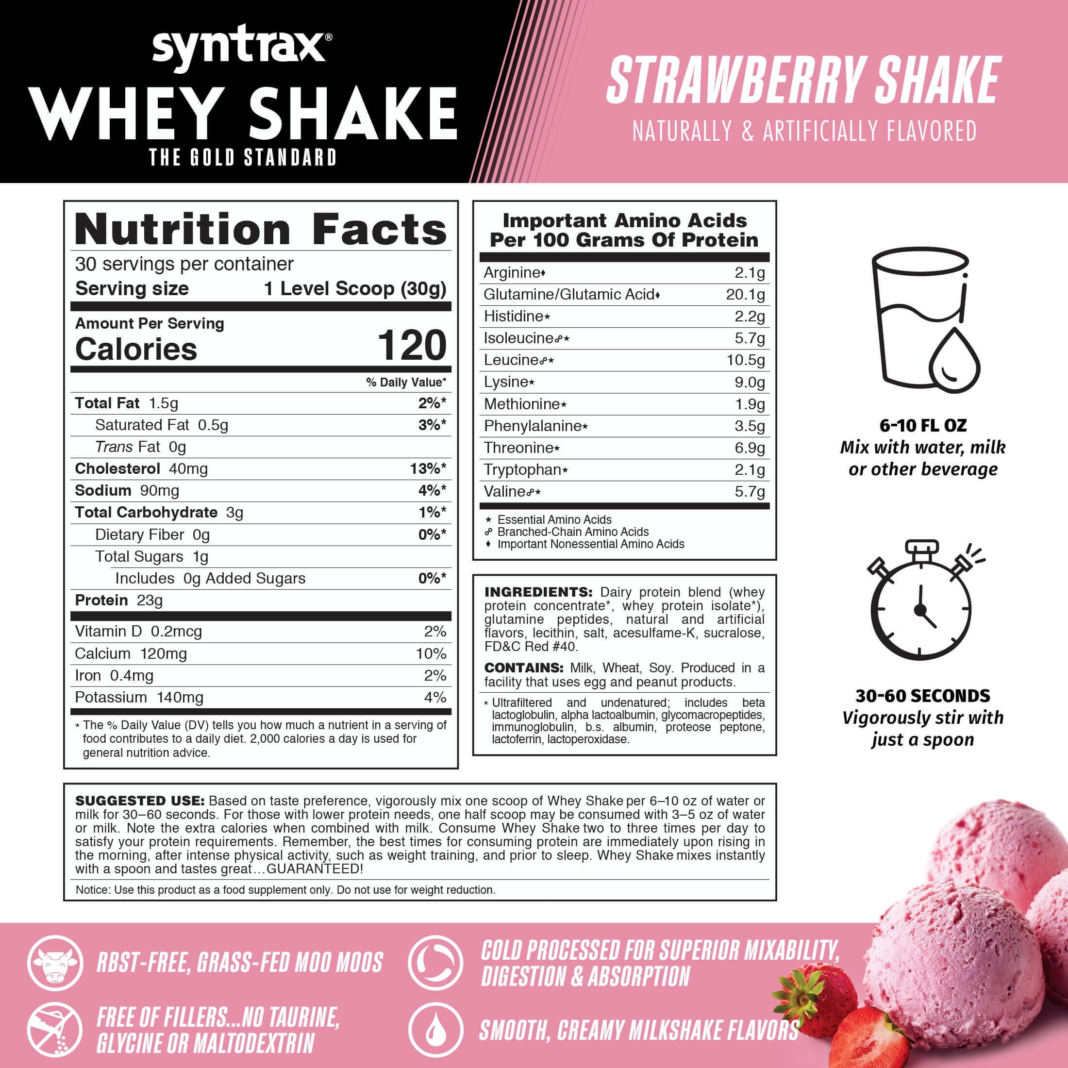 Syntrax Whey Shake Strawberry Shake Cold Filtered Undenatured Whey Protein Blend 2 lbs