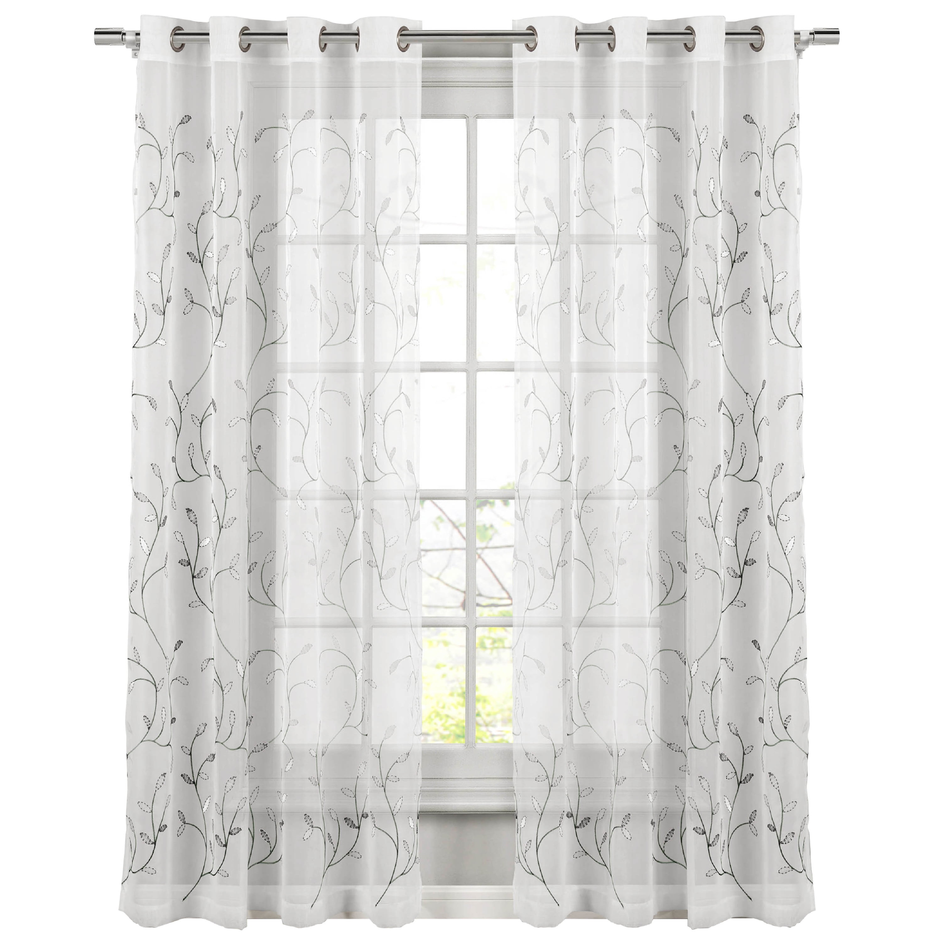 Grommet Curtain Panel, Embroidered Sheer Extra-Wide, Silver 54" x 96"