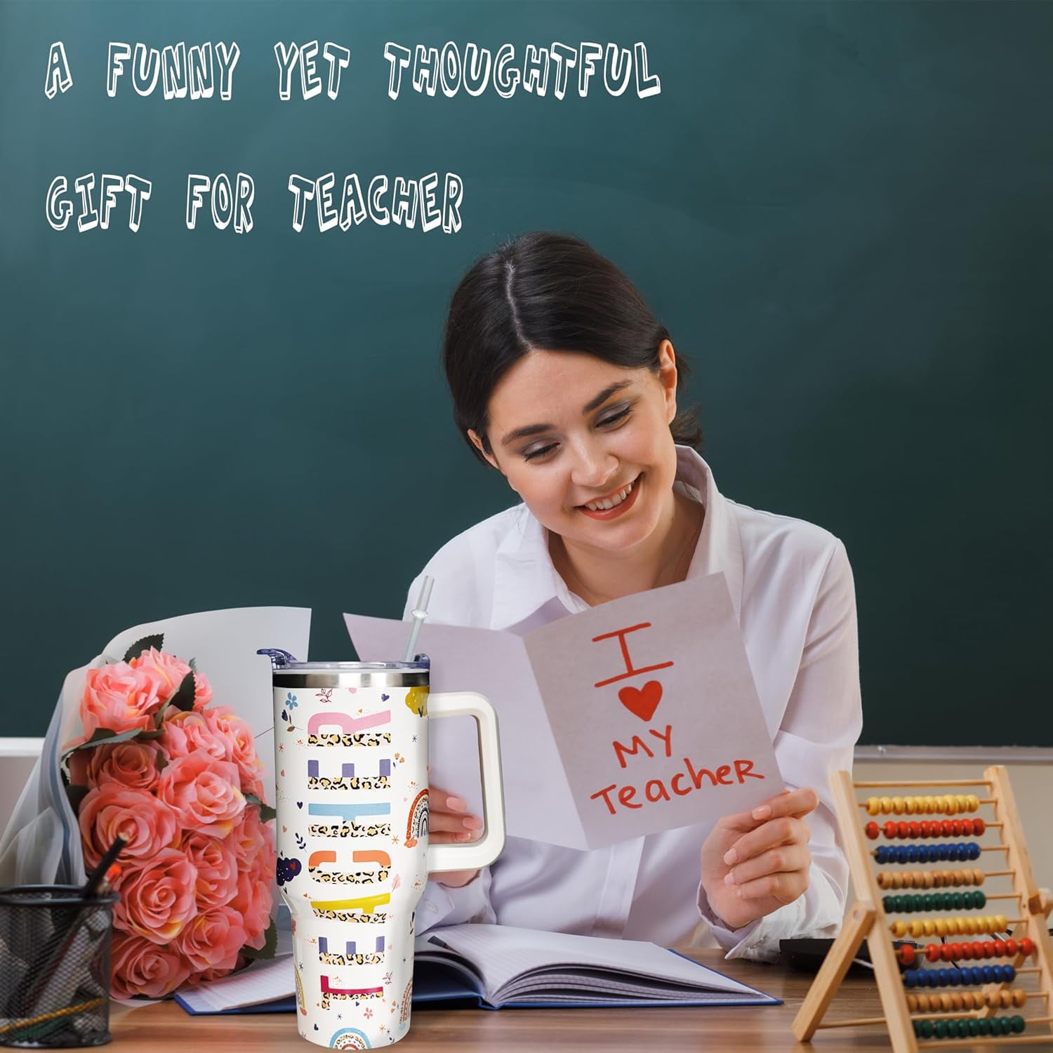 Teacher 40 oz Tumbler Appreciation Gifts for Women with Handle Insulated Stainless Steel Thank You Teacher Travel Coffee Mug with Lid and Straw Gifts