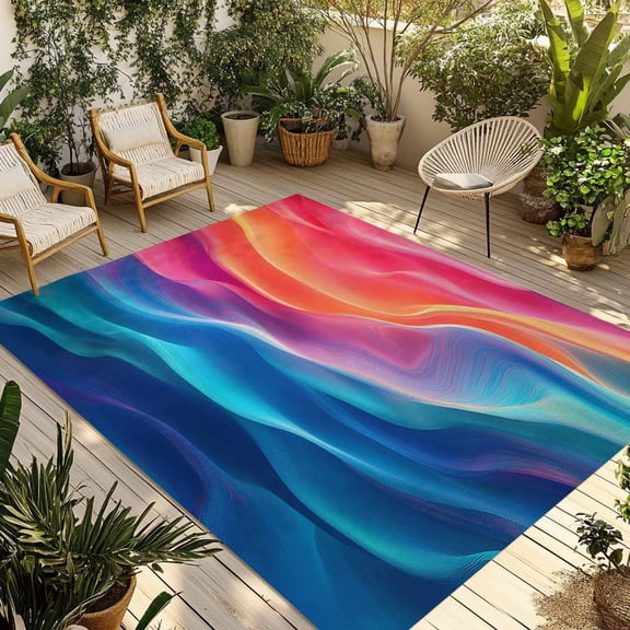Fsddascl Orange Blue Pink Moire Outdoor Rug for Patio/Deck/Porch, Non-Slip Large Area Rug 5 x 8 Ft, Contemporary Water Ripple Indoor Outdoor Rugs Washable Area Rugs, Reversible Camping Rug Carpet