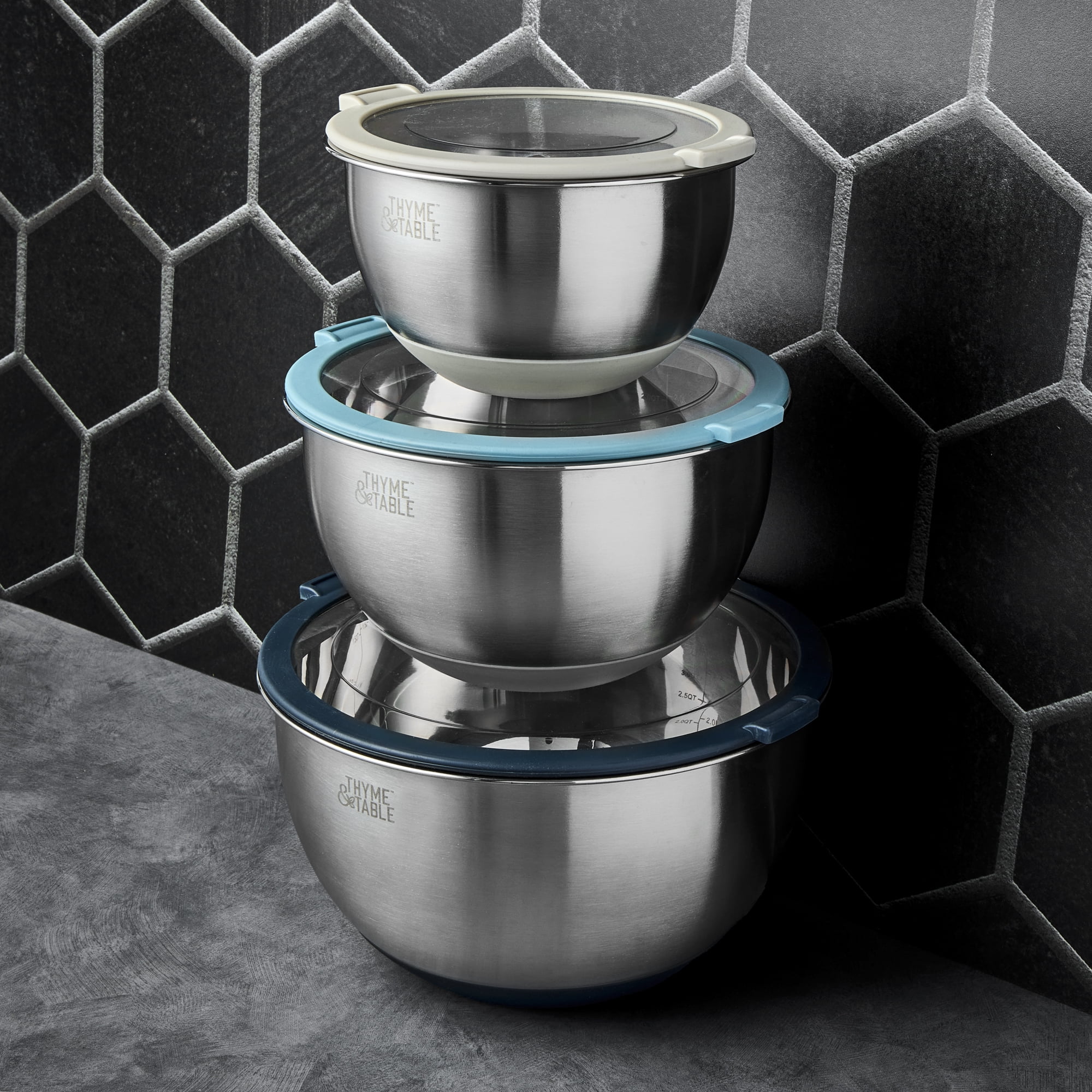 Thyme & Table 6-Piece Nesting Mixing Bowl Set with Easy Grip Transparent Lids - Blue