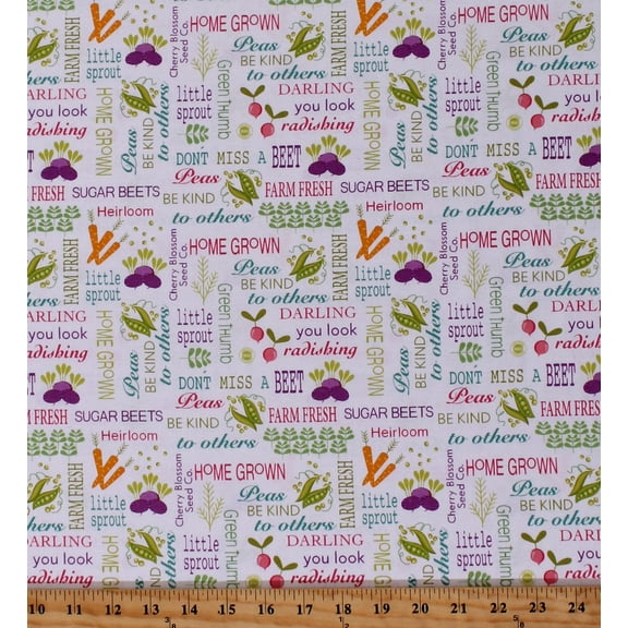 Cotton Vegetables Garden Puns Food Planted With Love Words of Seed White Cotton Fabric Print by the Yard (10152-09)