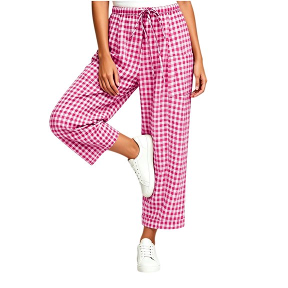 Linen Pants Women Elastic Waist Plaid Barrel Capris with Pockets Summer Beach Boho Harem Pants Soft Gingham Trousers Pink L