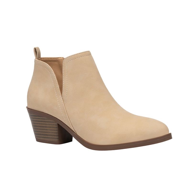 YAZI Womens Cut Out Ankle Boots Chunky Stacked Heel Almond Toe Slip on