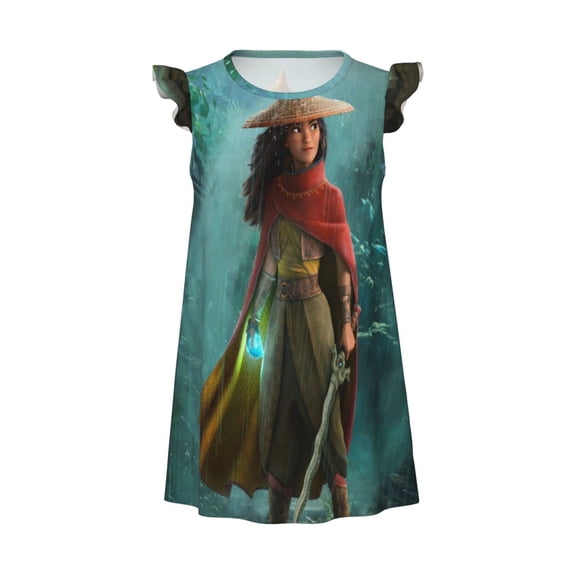 Girls Raya and the Last Dra-go Graphic Flutter Sleeve Soft Fabric Casual Dress for Home Sleep Dress Party Outdoor