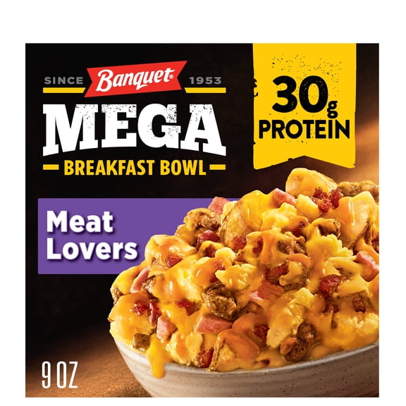 Banquet MEGA Breakfast Bowl Meat Lovers, 30g Protein, Frozen Breakfast Bowl, 9 oz. Bowl
