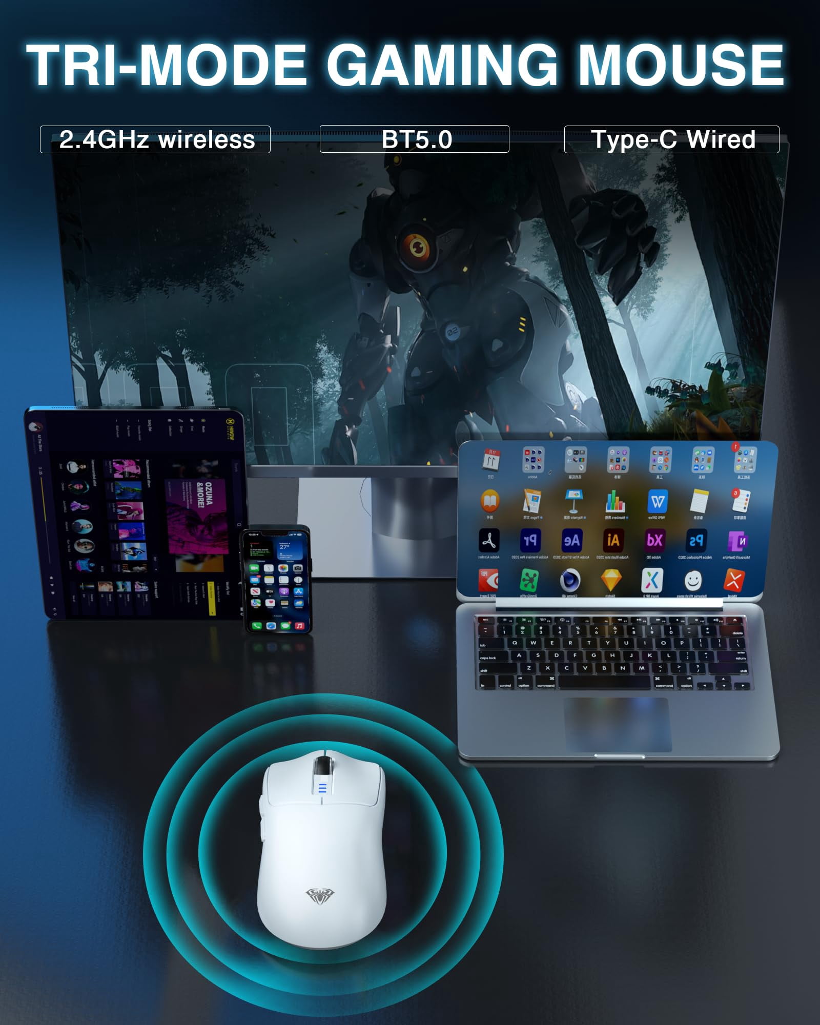 Sc580 Wireless Gaming Mouse  Tri-mode 2.4g/bt5.0/usb-c 12000 Dpi Rechargeable With 6 Buttons Computer For Laptop/pc/mac/tablet