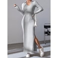 thumbnail image 3 of Vestido sexy de punto con cuello en V y cuello inverso para mujer, suéter básico elástico de manga larga para otoño e invierno, 3 of 5