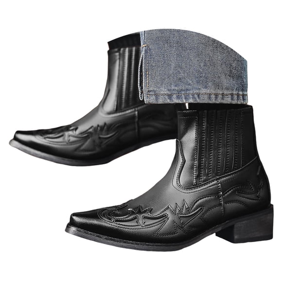 Mepaouo Men's Leather Cowboy Boots Western Motorcycle Riding Ankle Booties Pointy Toe Dress Work Oxfords