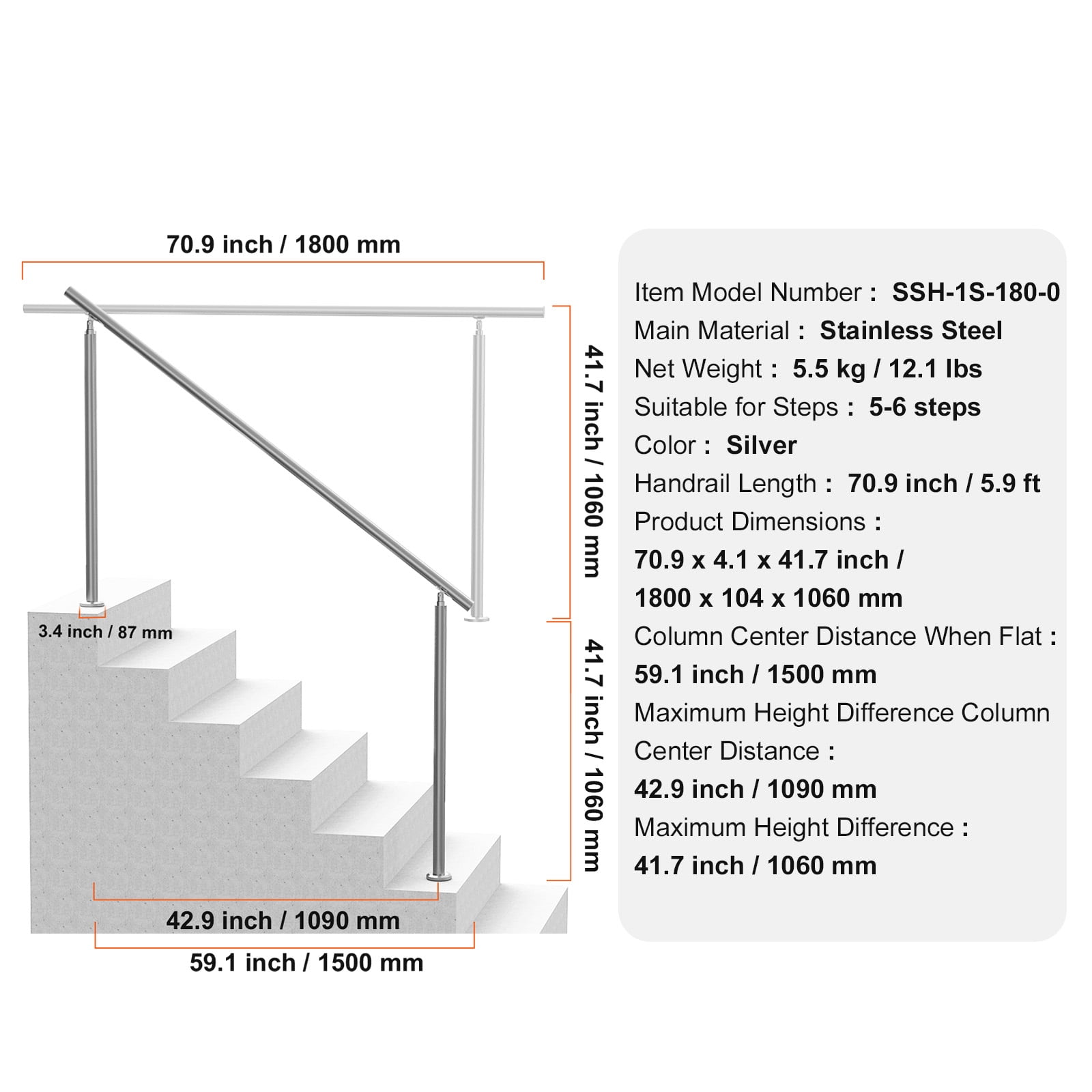 KFFKFF Handrails for Outdoor Steps, 70.9 in/180 cm Stair Rail Kit, Durable Stainless Steel Railings with Installation Accessories, Double-Column Handrails for Porch, Deck, and Senior Safety