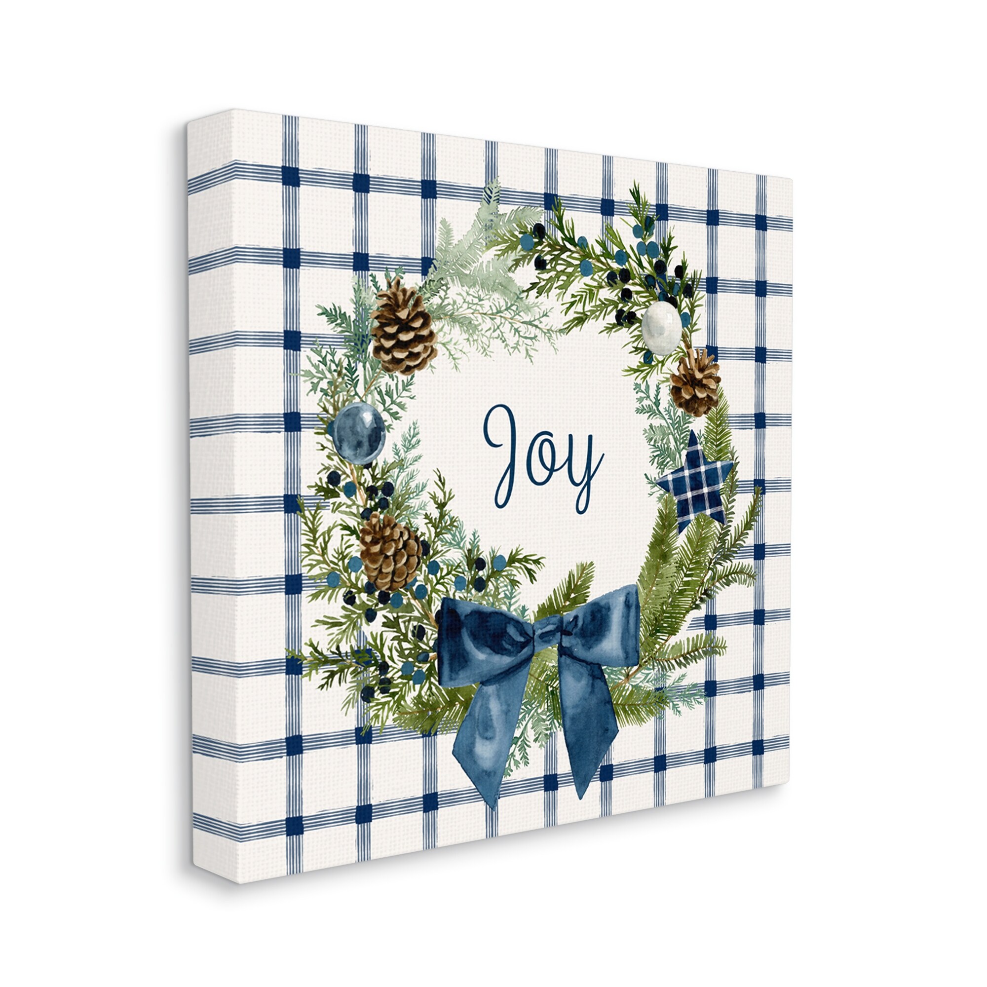 Stupell Industries Winter Joy Sentiment Rustic Pinecone Wreath Blue Plaid, 24 x 24,Design by Victoria Barnes