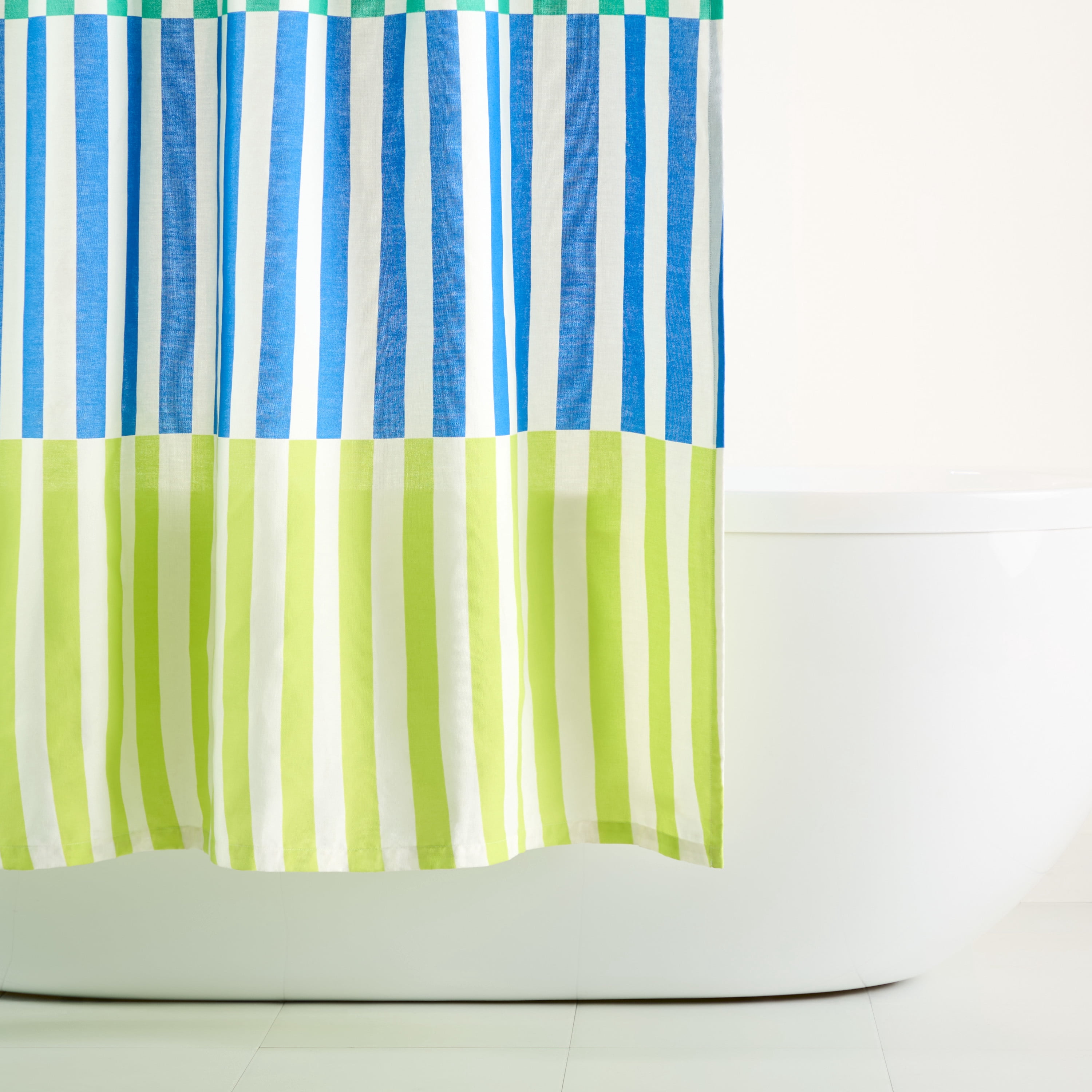 TOWN & COUNTRY PLAY Adeline Offset Stripe Cotton-Rich Breathable Fabric Shower Curtain with Anti-Rust Grommets, Purple/Green/Blue, 70"x72"