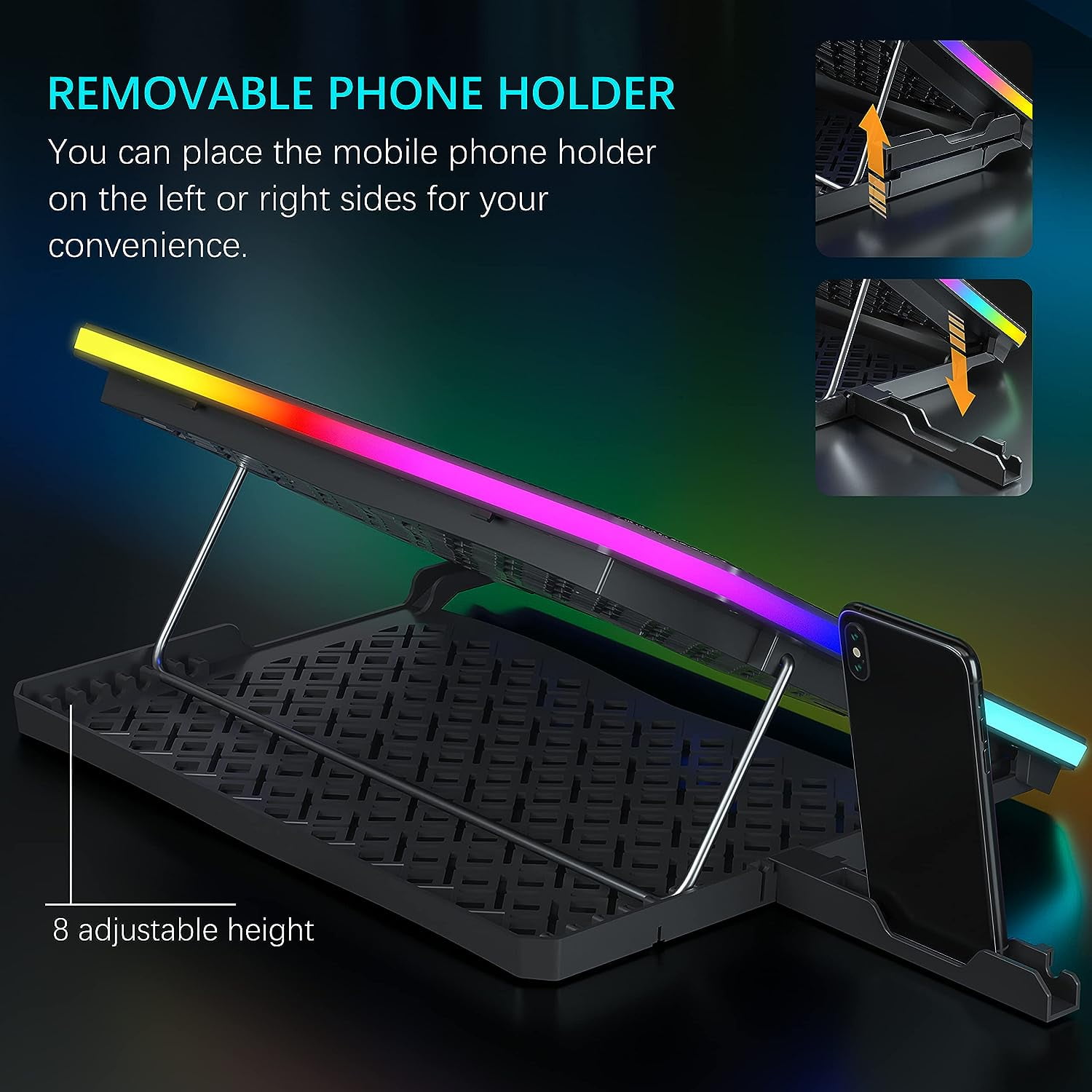 C12 Laptop Cooling Pad RGB Gaming Notebook Cooler for Desk and Lap Use, Fan Stand 8 Adjustable Heights with 6 Quiet Fans Phone Holder, 15.6-17.3 Inch Laptops-Ice Blue LED Light