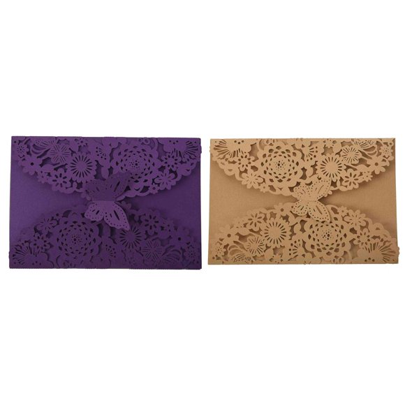 20Pcs Delicate Carved Butterflies Romantic Wedding Party Invitation Card Envelope Invitations for Wedding - 10Pcs Purple & 10Pcs Golden Beige