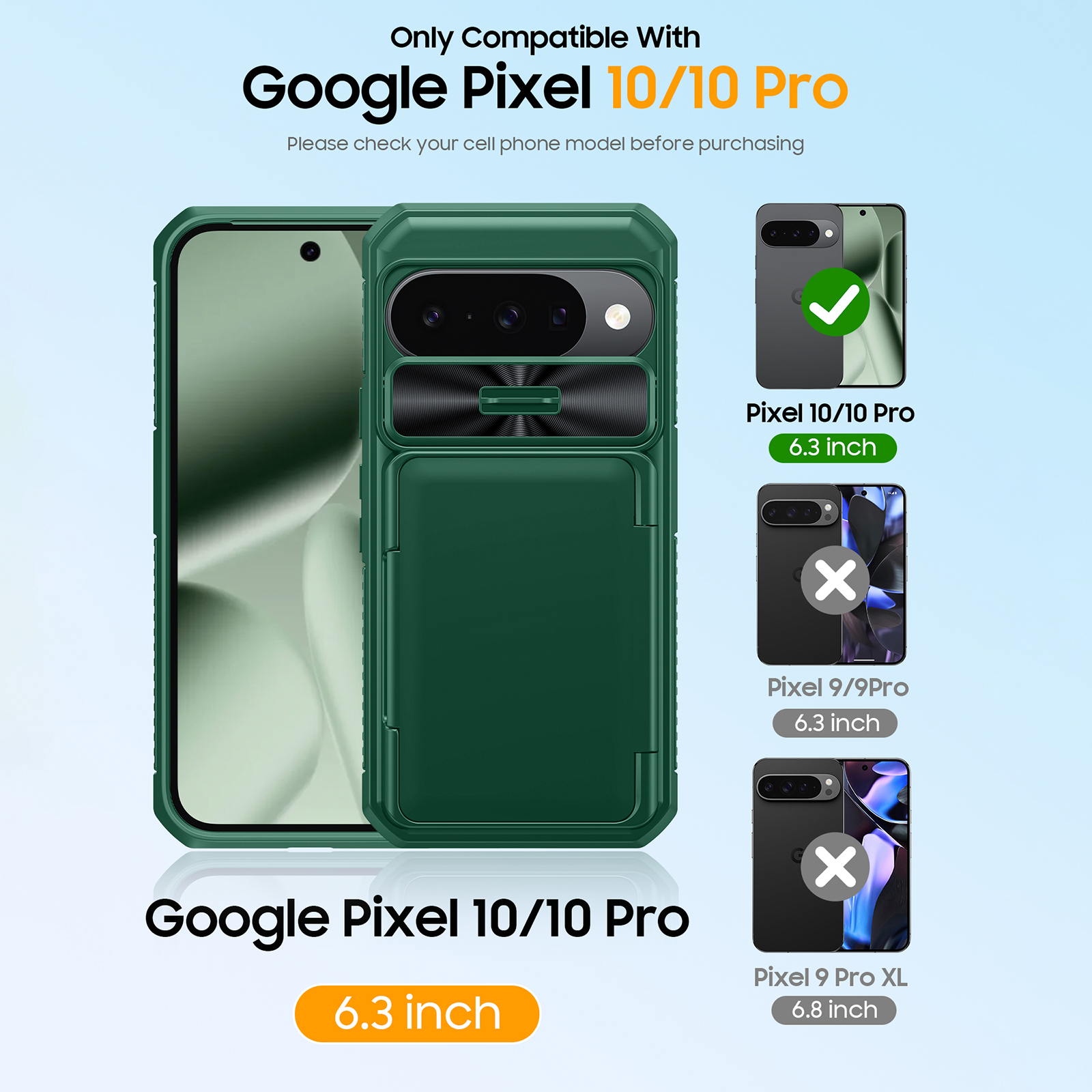 Vizvera for Google Pixel 10/10 Pro Wallet RFlD Cards Holder,Camera Control,Camera Cover,Rugged Shockproof Silicone Protective Phone Case-Green