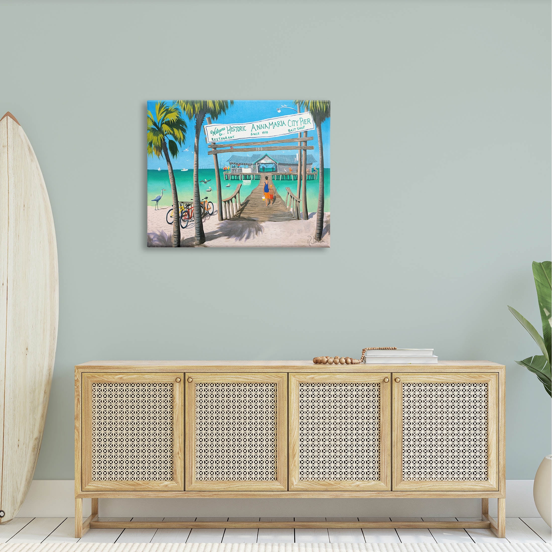 Summer Vacation Beach Pier Coastal Painting Gallery Wrapped Canvas Print Wall Art