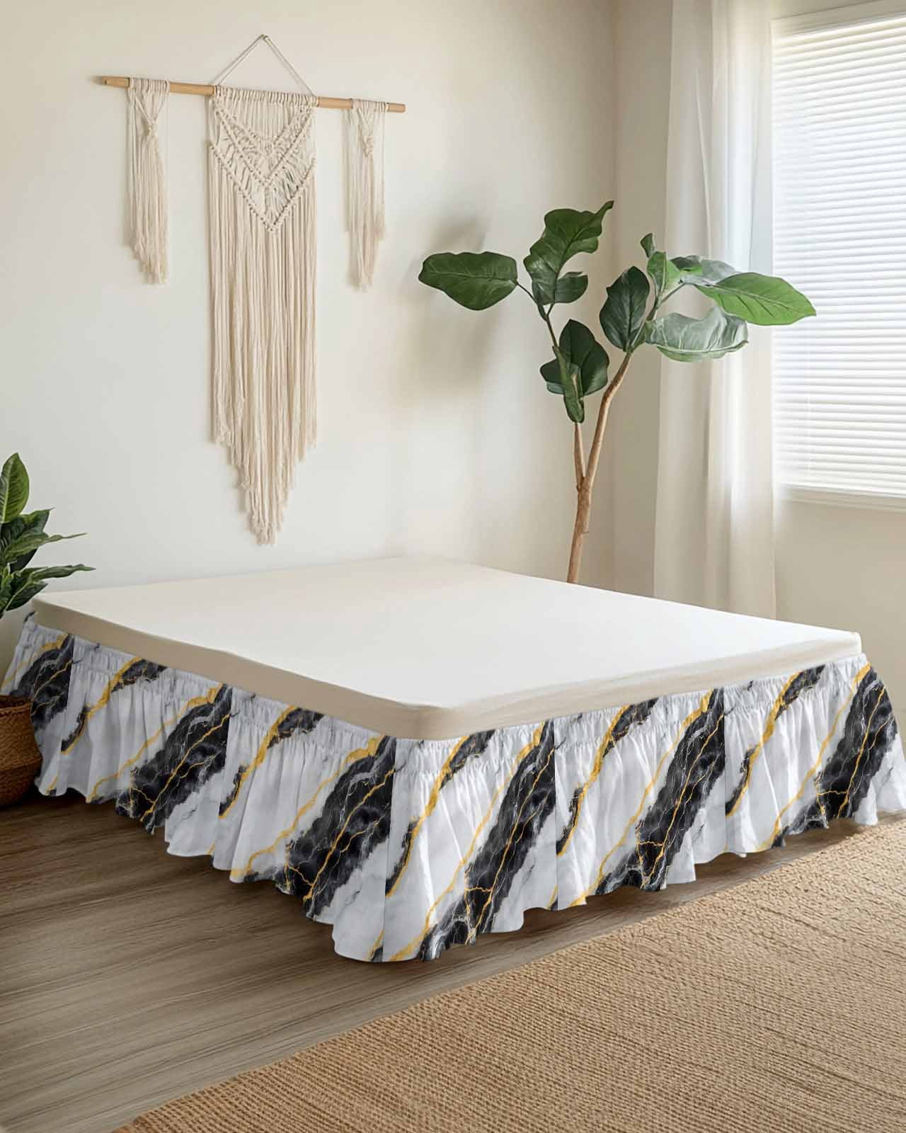 Marble Black Wrap Around Bed Skirts for Queen Bed 16" Drop,Bed Skirt with Adjustable Elastic Belt Dust Ruffle Bed Valance for Bedroom Hotel Gold Foil Ceramic Style Cracks Scratches Bed Frame Cover