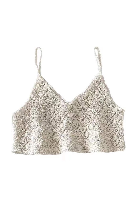 Women French Crochet Sleeveless Camisole Hollow Floral V-Neck Mini Crop Top Vest
