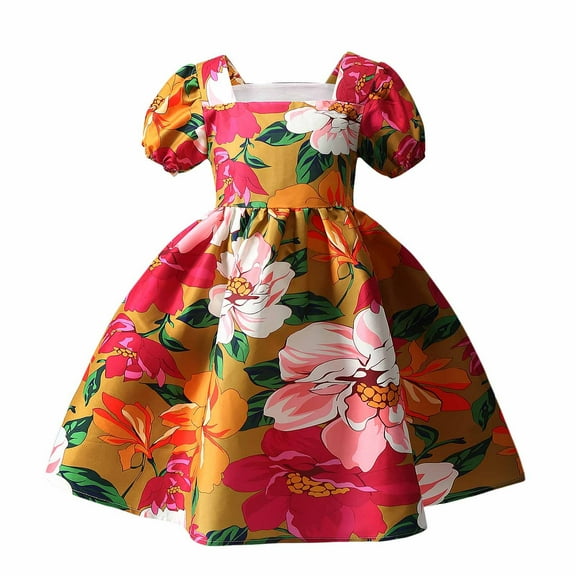 Wavsuf Children Girls Summer Dress Printed Patterd Yellow Children's Clothing Size 5-6 Years