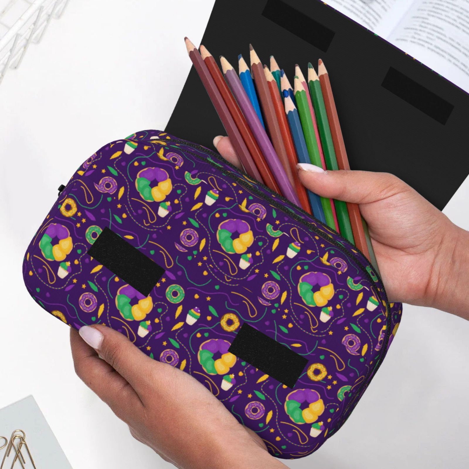 Rateoe Mardi Gras and Donuts Pattern Double Clamshell Pen Case, Storage Organizer with Two Zipper Compartments– Holds Up to 50 Pencils & Pens