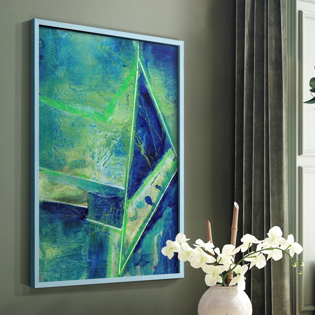Geometric in Cool II Framed Print in Blue Solid Wood Framed Print No Nail Hanging