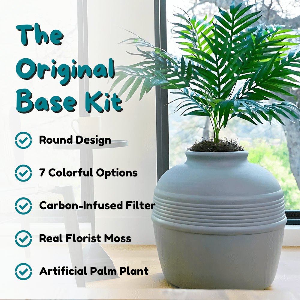 Good Pet Stuff Hidden Cat Litter Box Enclosure with Artificial Plant, Odor Filter System, Original Round Planter, Base Kit, Stone Gray