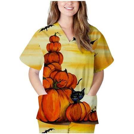 

QLEICOM Womens Halloween Bat Ghost Pumpkin Print Scrubs Tops Casual Short Sleeve V-Neck Scrubs Loose Lovely Blouse T-shirts Tops Workwear Uniform with Pocket Yellow XL