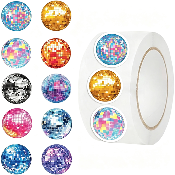 CCOCC 500Pcs Disco Ball Stickers Roll Envelope Seals Sticker 10 Styles 70S 80S Party Themed Sticker Disco Party Favors Retro Aesthetic Stickers Waterproof Vinyl Stickers
