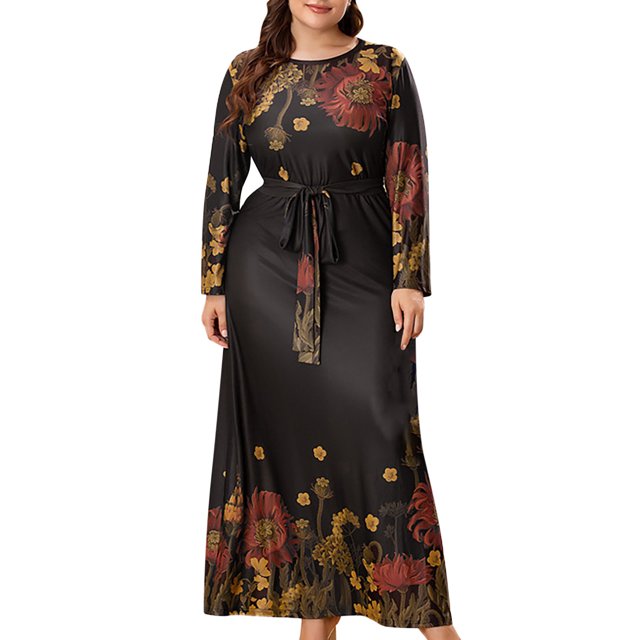 Robe Grande Taille pour Femmes Été Robe Grande Taille pour Femmes Décontractée Ample à Col Rond Imprimée à Manches Longues à Taille