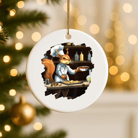 Funny Cute Squirrel Chef Cooking Food Squirrel 2D FLAT CIRCLE Ceramic Ornament
