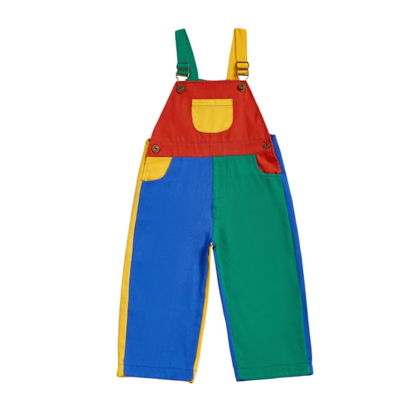Peto vaquero infantil de color contrastante, sin mangas, con cuello cuadrado y largo completo, con tirantes ajustables.