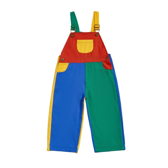 Peto vaquero infantil de color contrastante, sin mangas, con cuello cuadrado y largo completo, con tirantes ajustables.