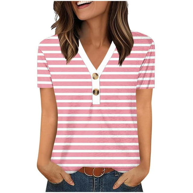 V-neck Short Sleeve Shirt for Women, Polyester Printed Top with Button Front, Regular Length, Slimming High-Cut Design, Black, S