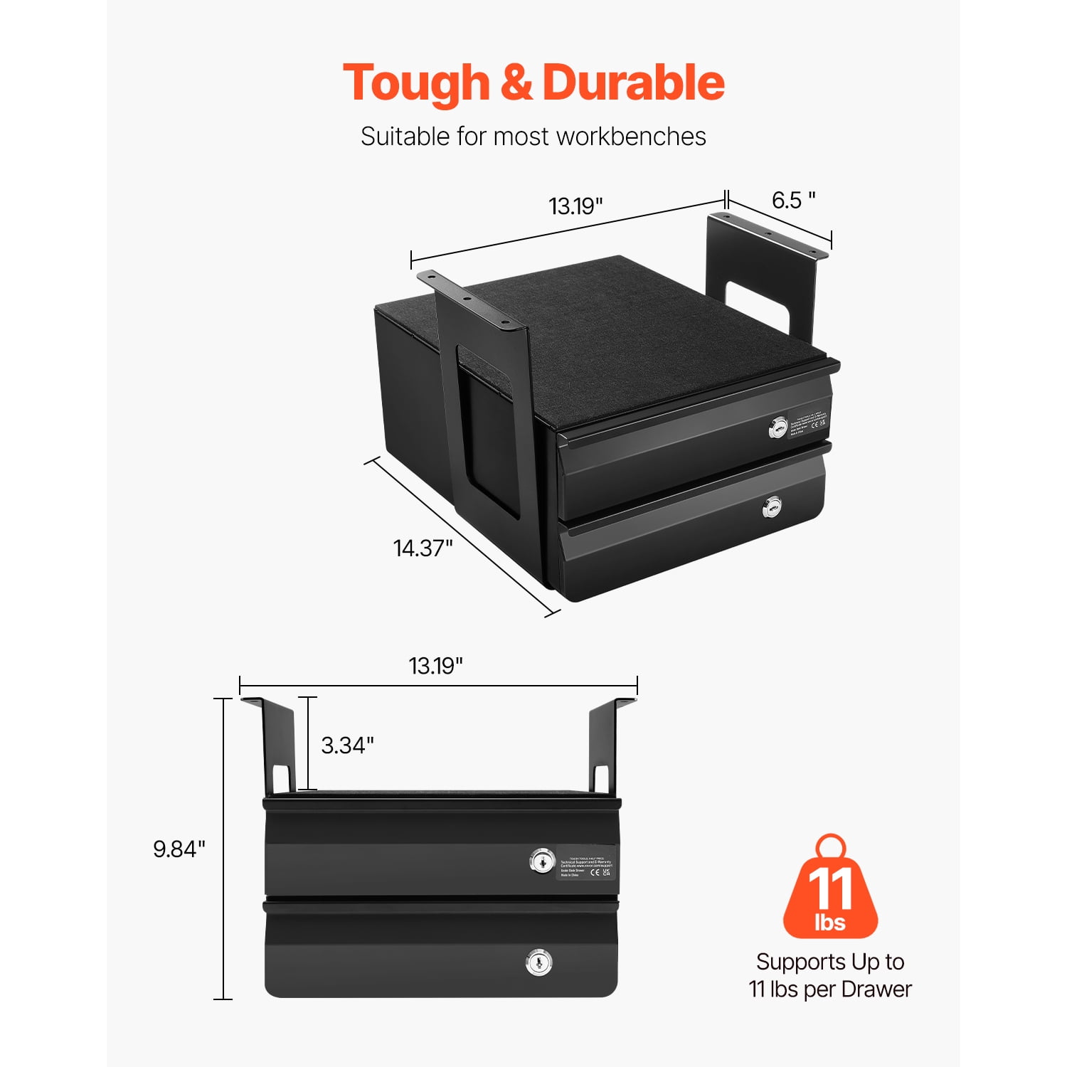 KFFKFF 13" Broad Beneath Desk Compartment, Pull-out Attachment Under Table, Concealed Dual Layer Desktop Organizer, Smooth-rolling Slides, Secure Undermount Stationery Holder for Adjustable Work Desk