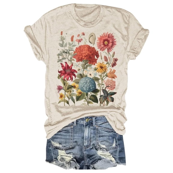Trendfront Womens Floral Print T Shirts Graphic Design Crewneck Casual Short Sleeve Loose Fit Tops Trendy Fashion Tee Pullover Daily Clothing