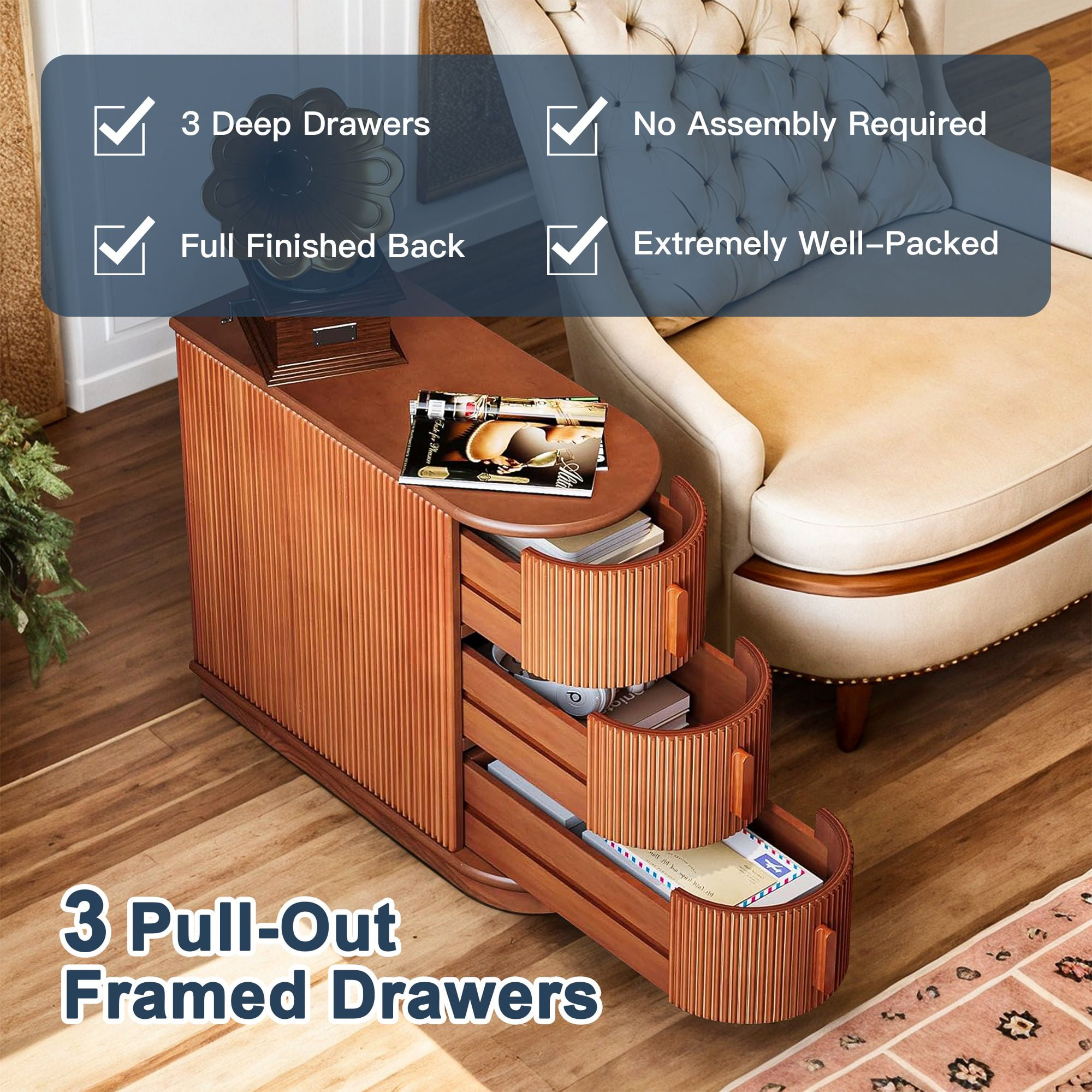 Demi Bonn Narrow Side Table with 3 Drawers, Wood Side End Table, Nightstand and Bedside Table with Storage, for Small Spaces, Brown